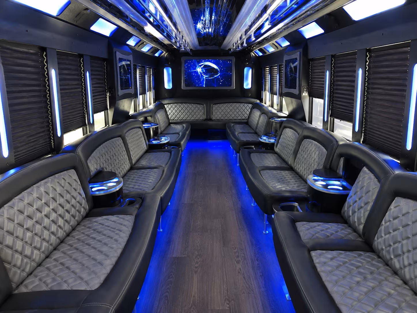 Passenger seating aboard a party bus rental serving New Haven